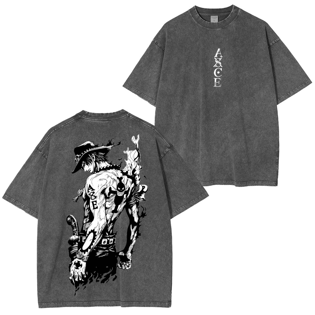 Portgas D. Ace One Piece Anime Doppeldruck Vintage Washed T-Shirt