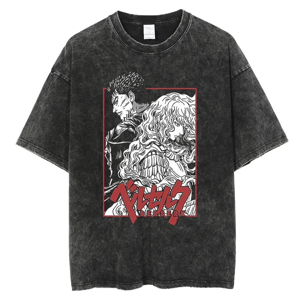 Anime Berserk Guts T-Shirt mit Vintage-Waschung – Version: Gesicht des Champs