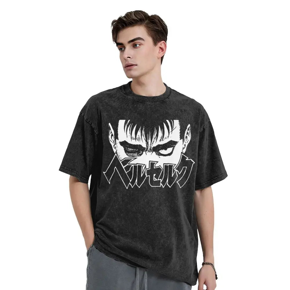 Anime Berserk Guts T-Shirt mit Vintage-Waschung – Version: Gesicht des Champs