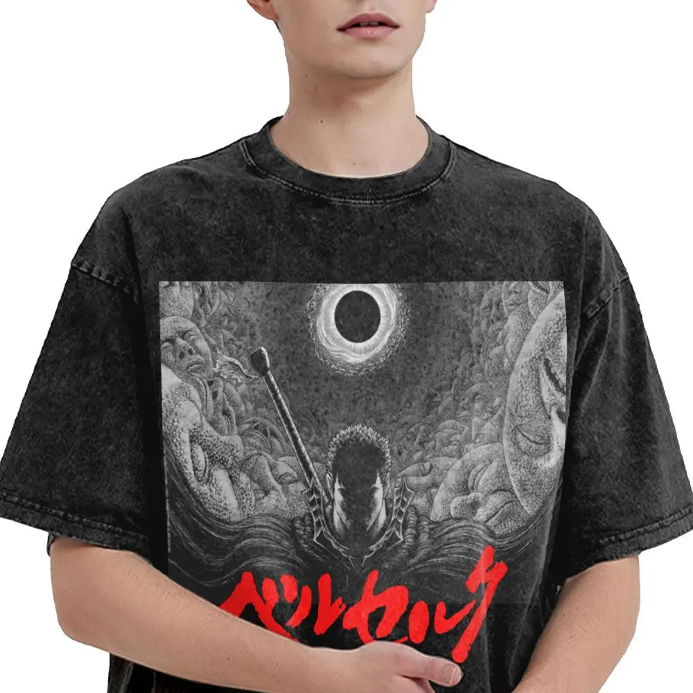 Anime Berserk Guts T-Shirt mit Vintage-Waschung – Version: Gesicht des Champs