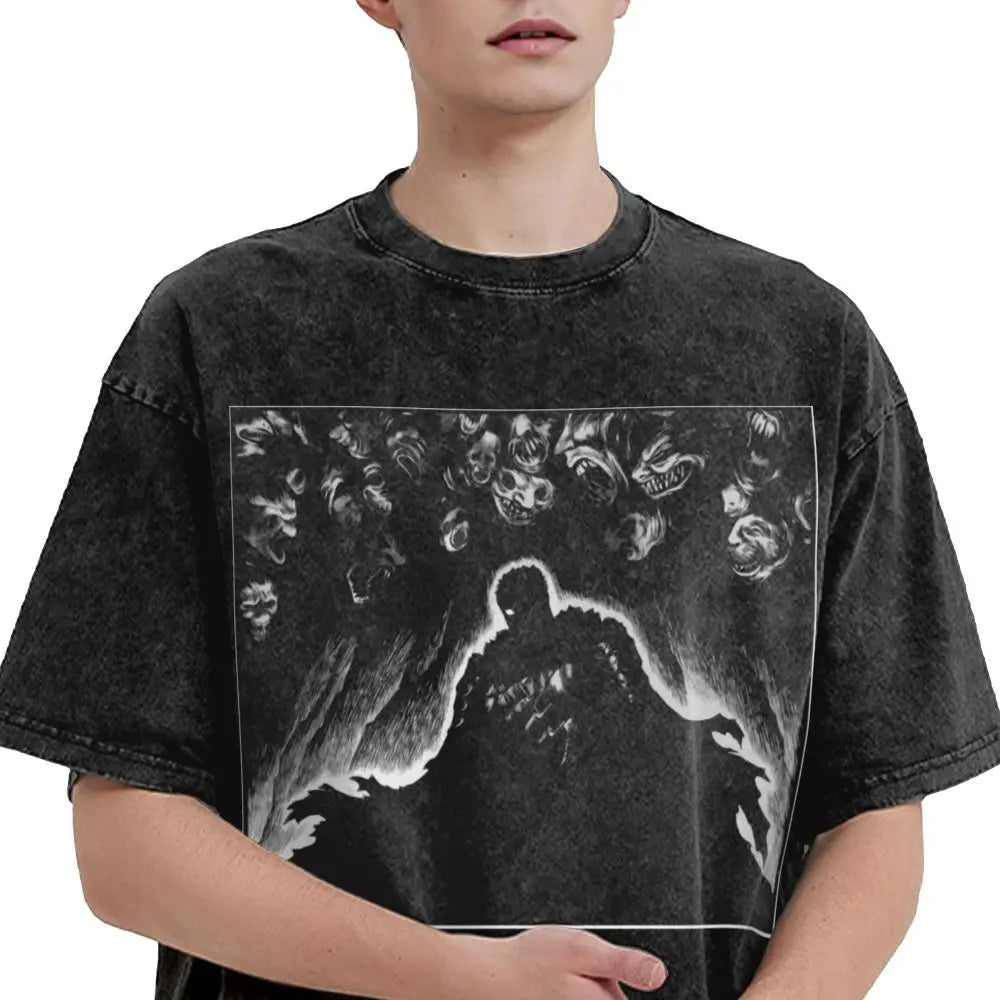 Anime Berserk Guts T-Shirt mit Vintage-Waschung – Version: Gesicht des Champs