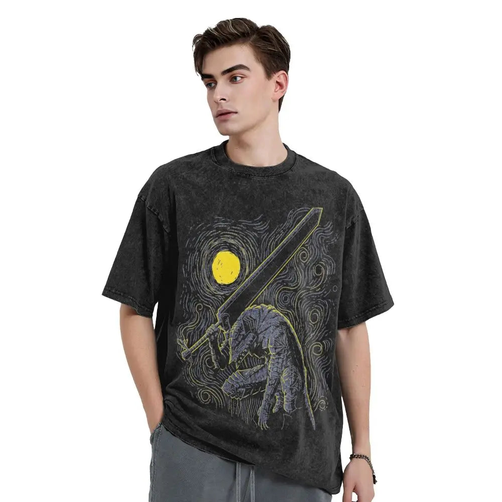 Anime Berserk Guts T-Shirt mit Vintage-Waschung – Version: Gesicht des Champs