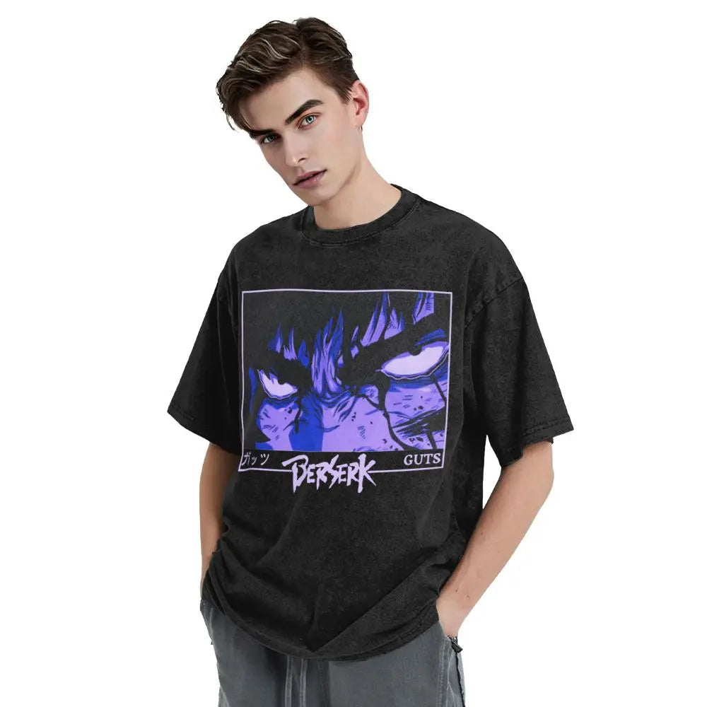 Anime Berserk Guts T-Shirt mit Vintage-Waschung – Version: Gesicht des Champs