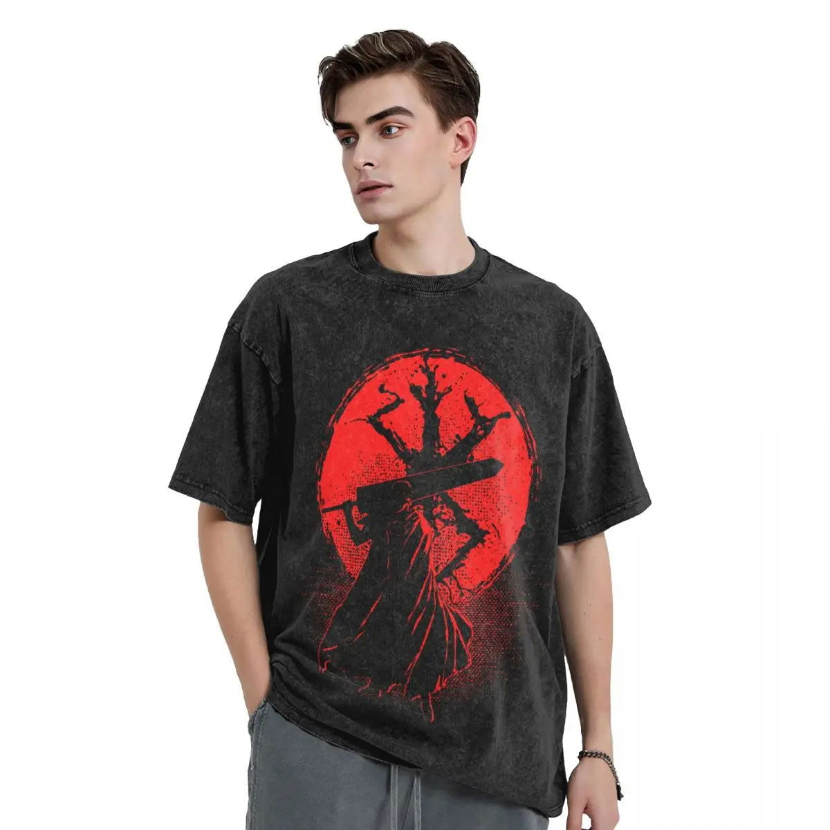 Anime Berserk Guts T-Shirt mit Vintage-Waschung – Version: Gesicht des Champs