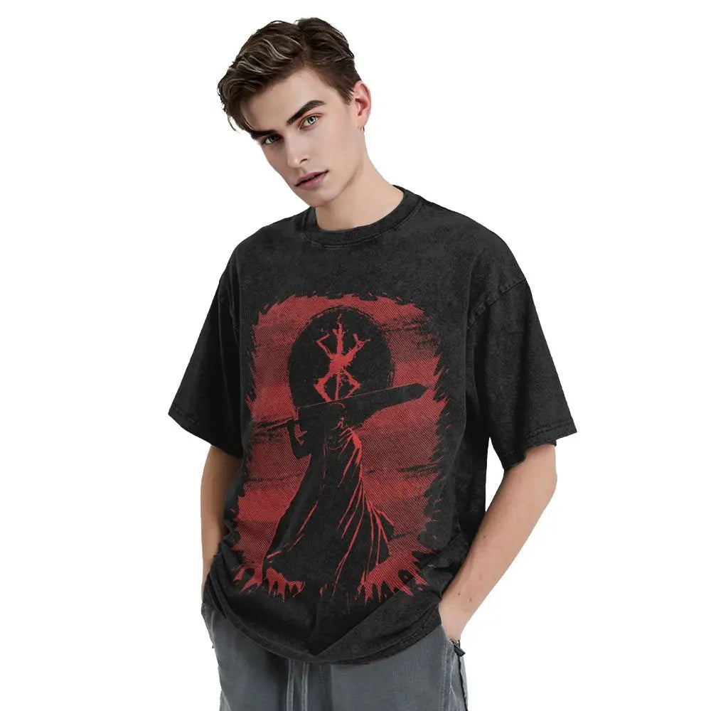 Anime Berserk Guts T-Shirt mit Vintage-Waschung – Version: Gesicht des Champs