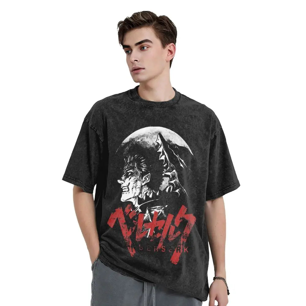 Anime Berserk Guts T-Shirt mit Vintage-Waschung – Version: Gesicht des Champs