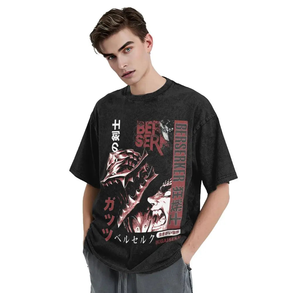 Anime Berserk Guts T-Shirt mit Vintage-Waschung – Version: Gesicht des Champs