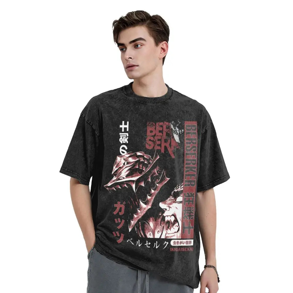 Anime Berserk Guts T-Shirt mit Vintage-Waschung – Version: Gesicht des Champs