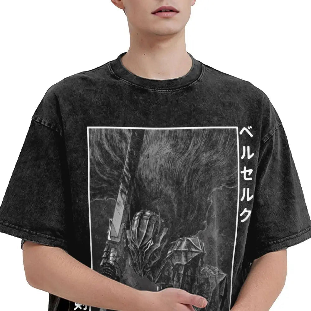 Anime Berserk Guts T-Shirt mit Vintage-Waschung – Version: Gesicht des Champs