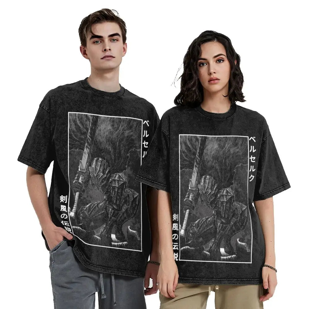 Anime Berserk Guts T-Shirt mit Vintage-Waschung – Version: Gesicht des Champs