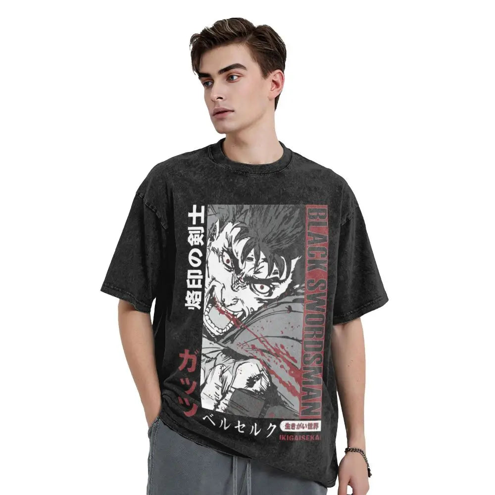 Anime Berserk Guts T-Shirt mit Vintage-Waschung – Version: Gesicht des Champs