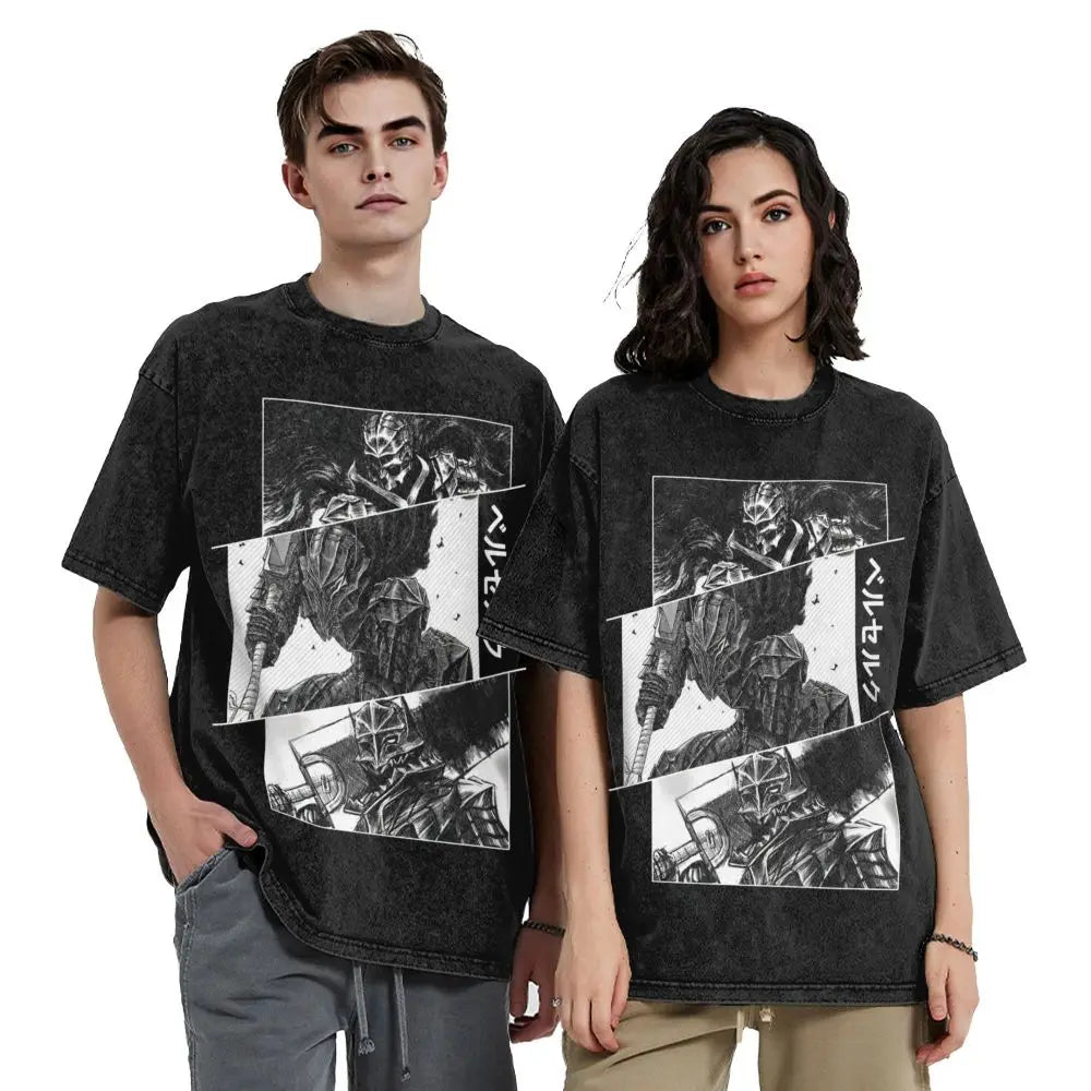 Anime Berserk Guts T-Shirt mit Vintage-Waschung – Version: Gesicht des Champs