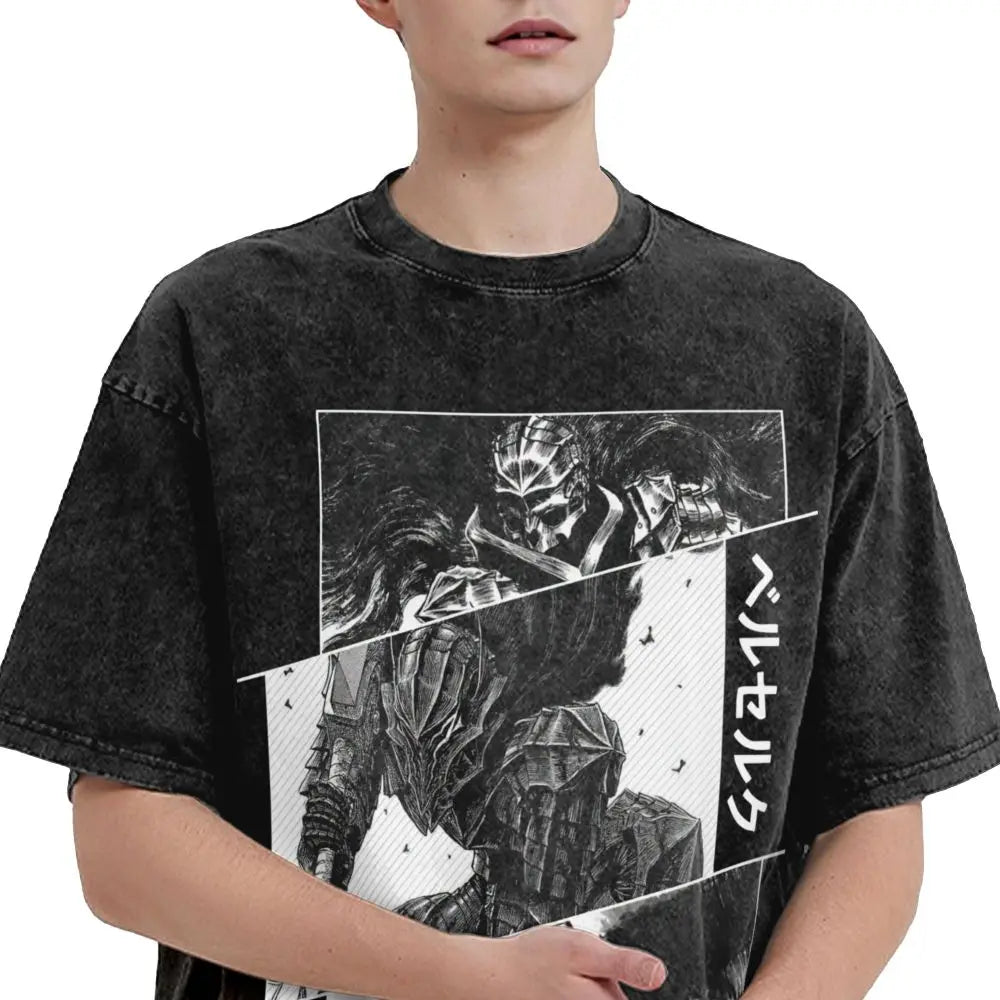 Anime Berserk Guts T-Shirt mit Vintage-Waschung – Version: Gesicht des Champs
