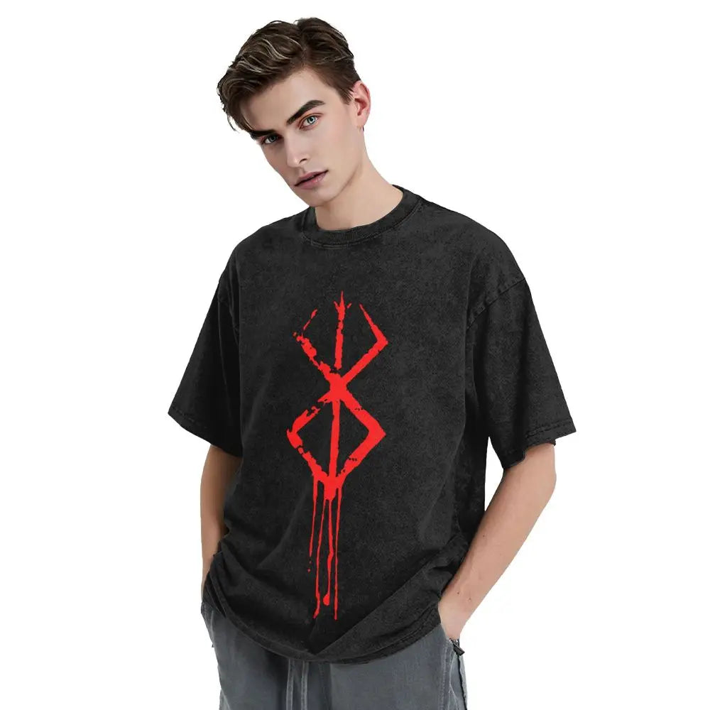 Anime Berserk Guts T-Shirt mit Vintage-Waschung – Version: Gesicht des Champs
