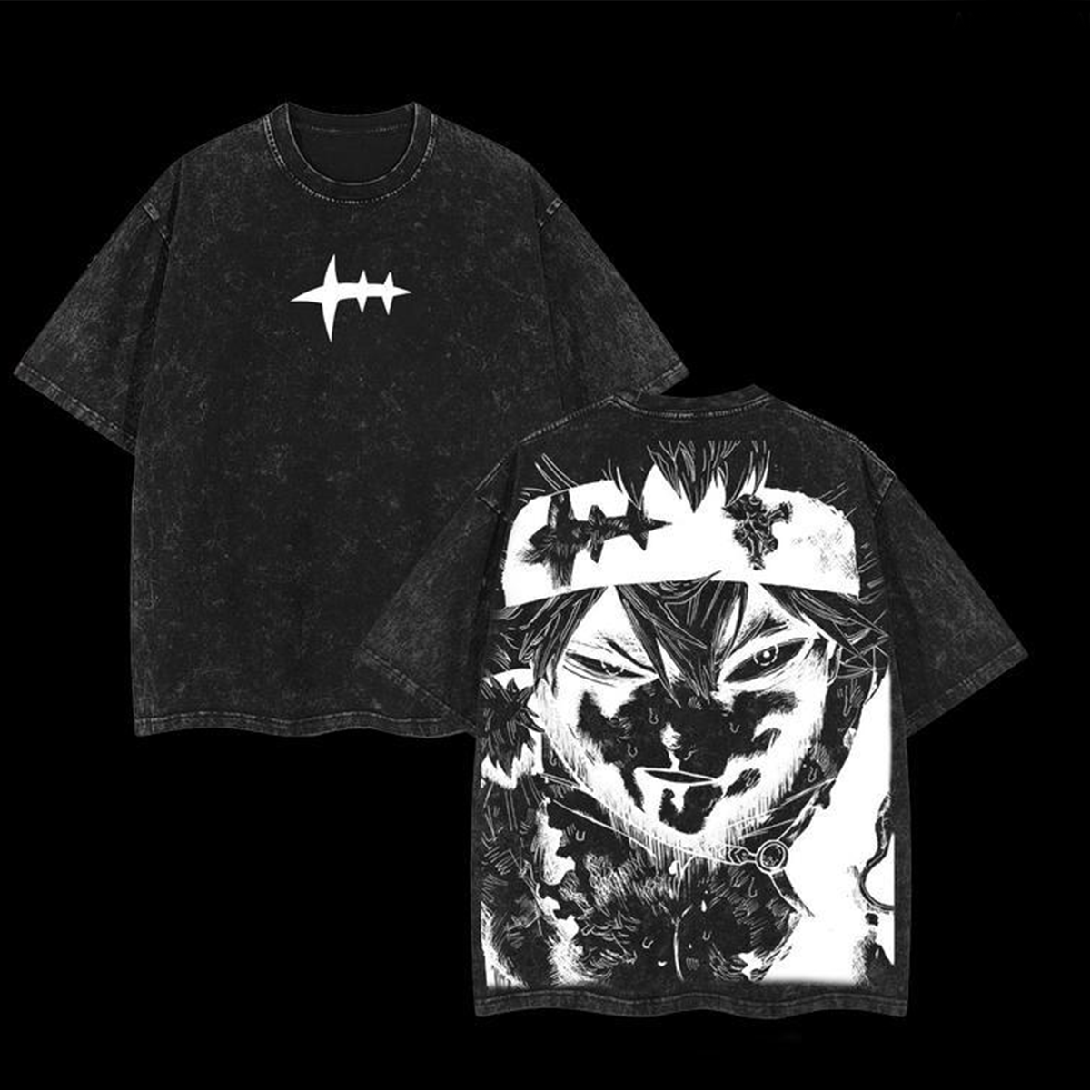 Asta x Black Bulls Black Clover Anime Doppeldruck Vintage Washed T-Shirt Unisex