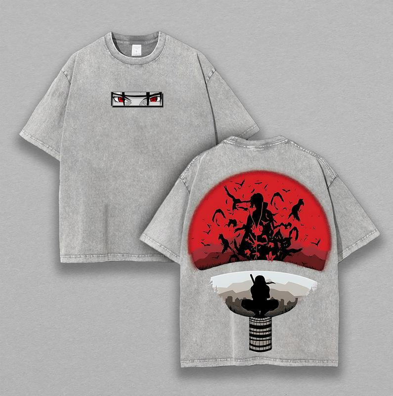 Naruto Anime-T-Shirt, doppelt bedruckt, gewaschen, Unisex, Übergröße, Anime, Manga, leichtes Baumwoll-T-Shirt, Anime-Fan