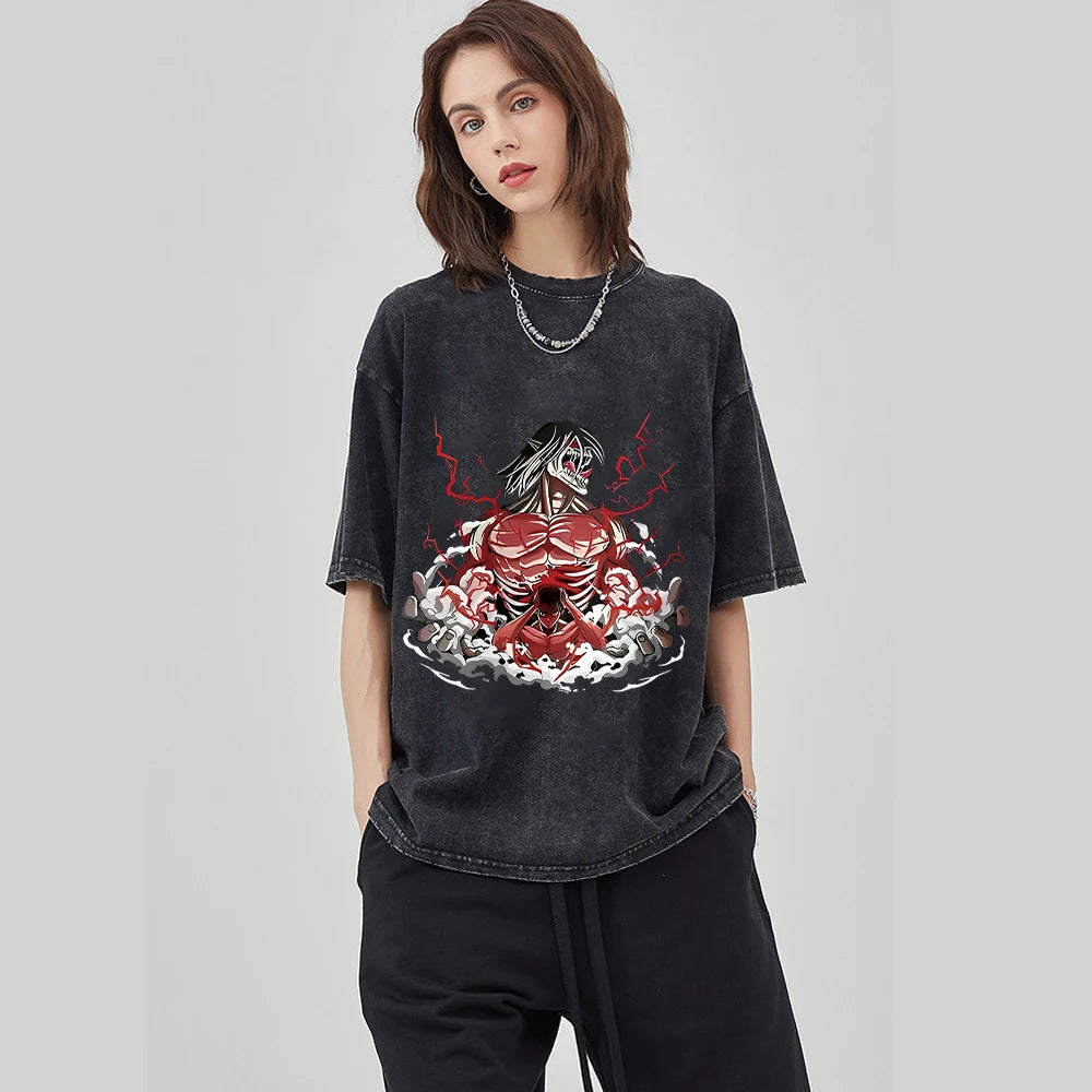Anime Attack on Titan T-Shirt mit Vintage-Waschung Streetwear