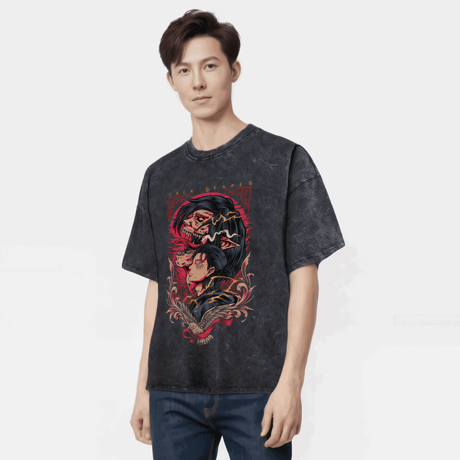 Anime Attack on Titan T-Shirt mit Vintage-Waschung Streetwear