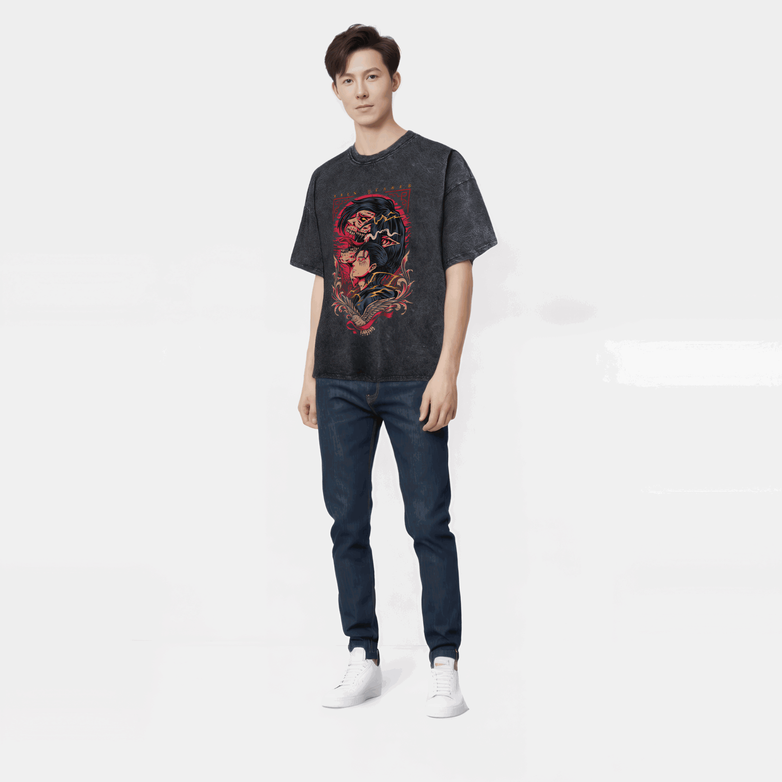 Anime Attack on Titan T-Shirt mit Vintage-Waschung Streetwear