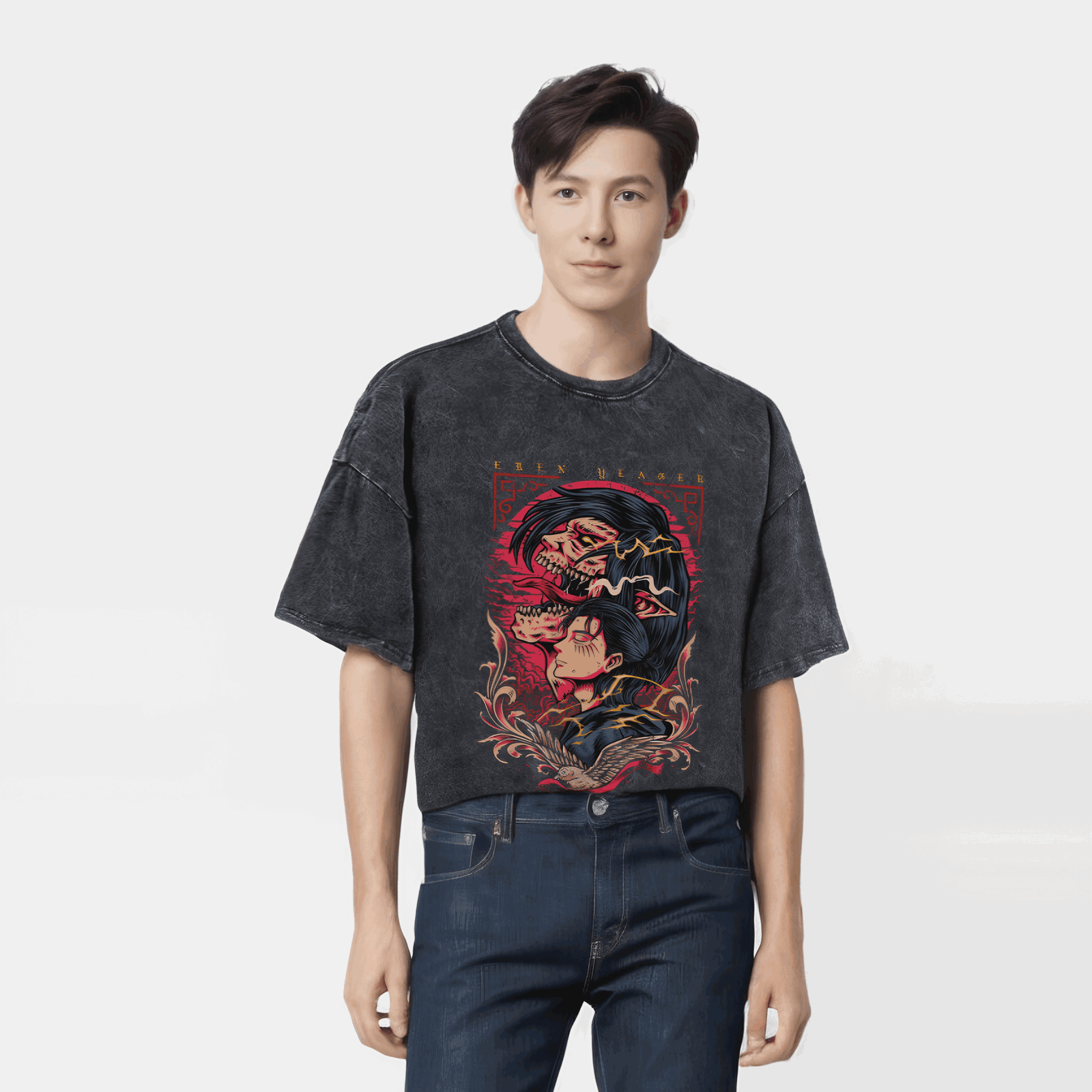 Anime Attack on Titan T-Shirt mit Vintage-Waschung Streetwear