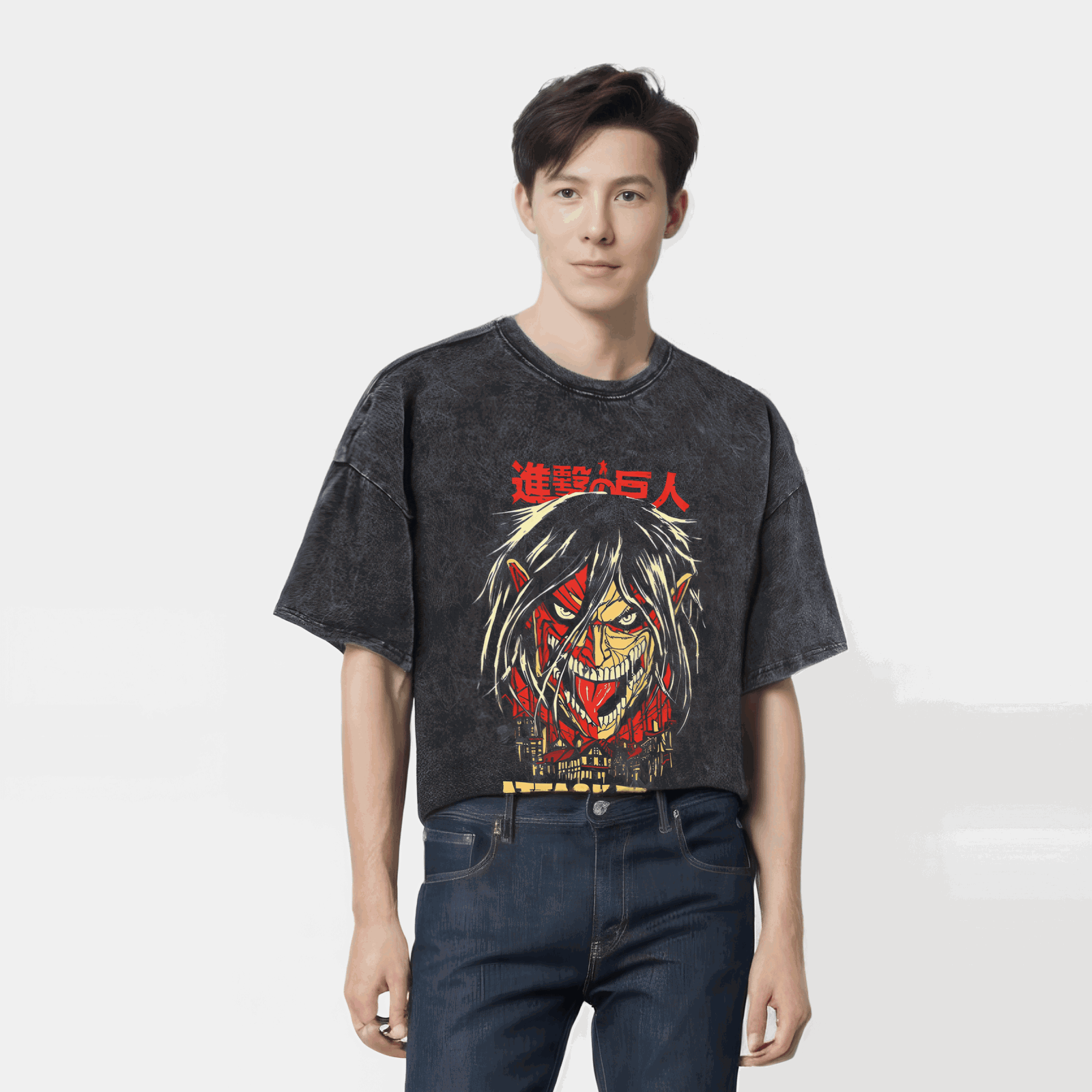 Anime Attack on Titan T-Shirt mit Vintage-Waschung Streetwear