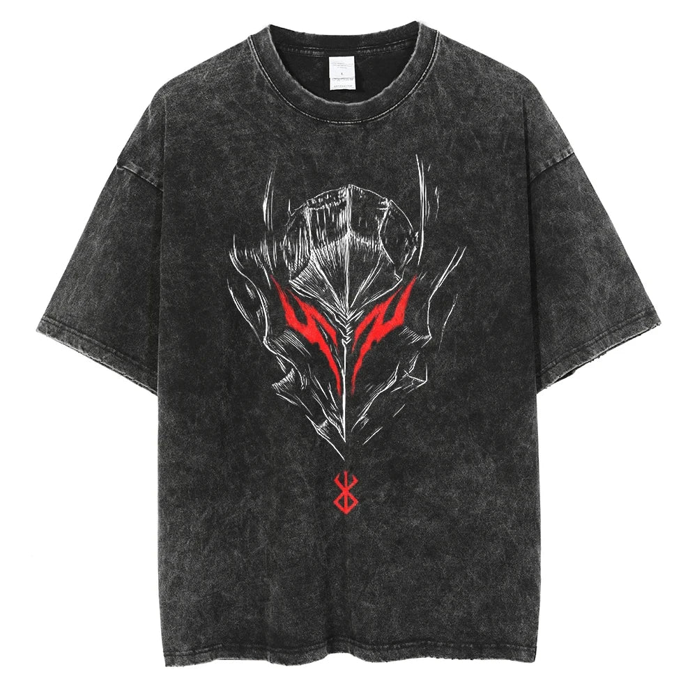 Anime Berserk Guts T-Shirt mit Vintage-Waschung – Version: Gesicht des Champs