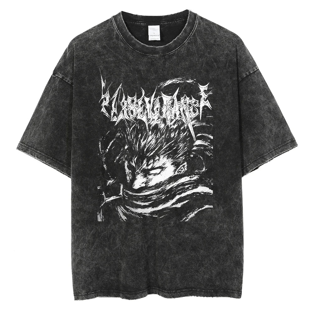 Anime Berserk Guts T-Shirt mit Vintage-Waschung – Version: Gesicht des Champs