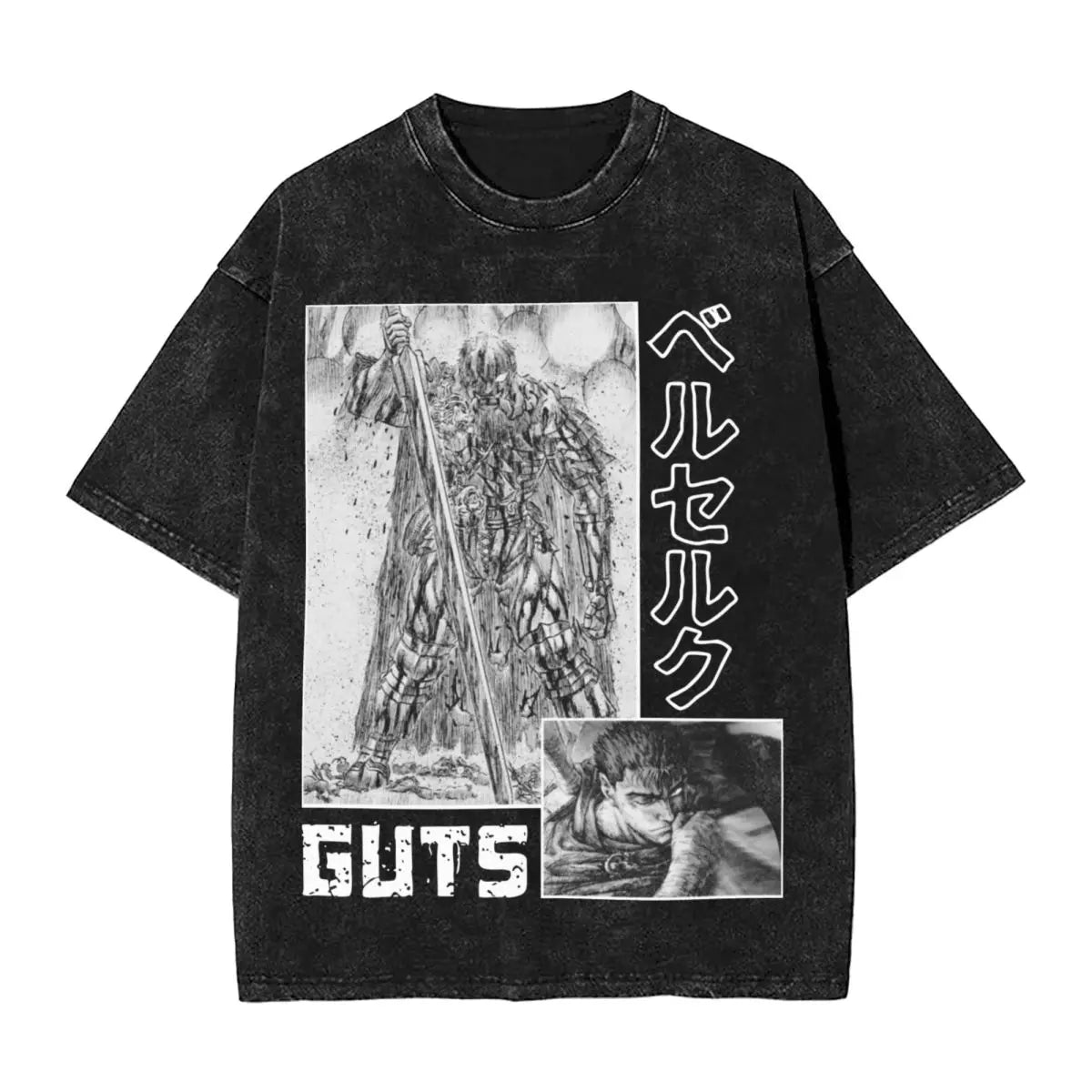 Anime Berserk Guts T-Shirt mit Vintage-Waschung – Version: Gesicht des Champs