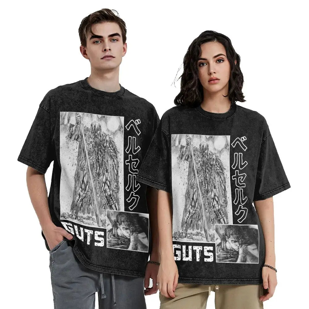 Anime Berserk Guts T-Shirt mit Vintage-Waschung – Version: Gesicht des Champs