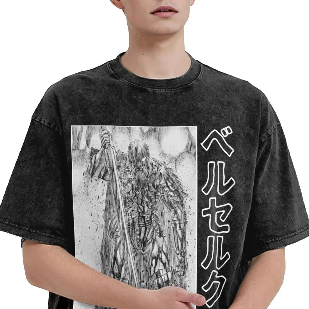 Anime Berserk Guts T-Shirt mit Vintage-Waschung – Version: Gesicht des Champs