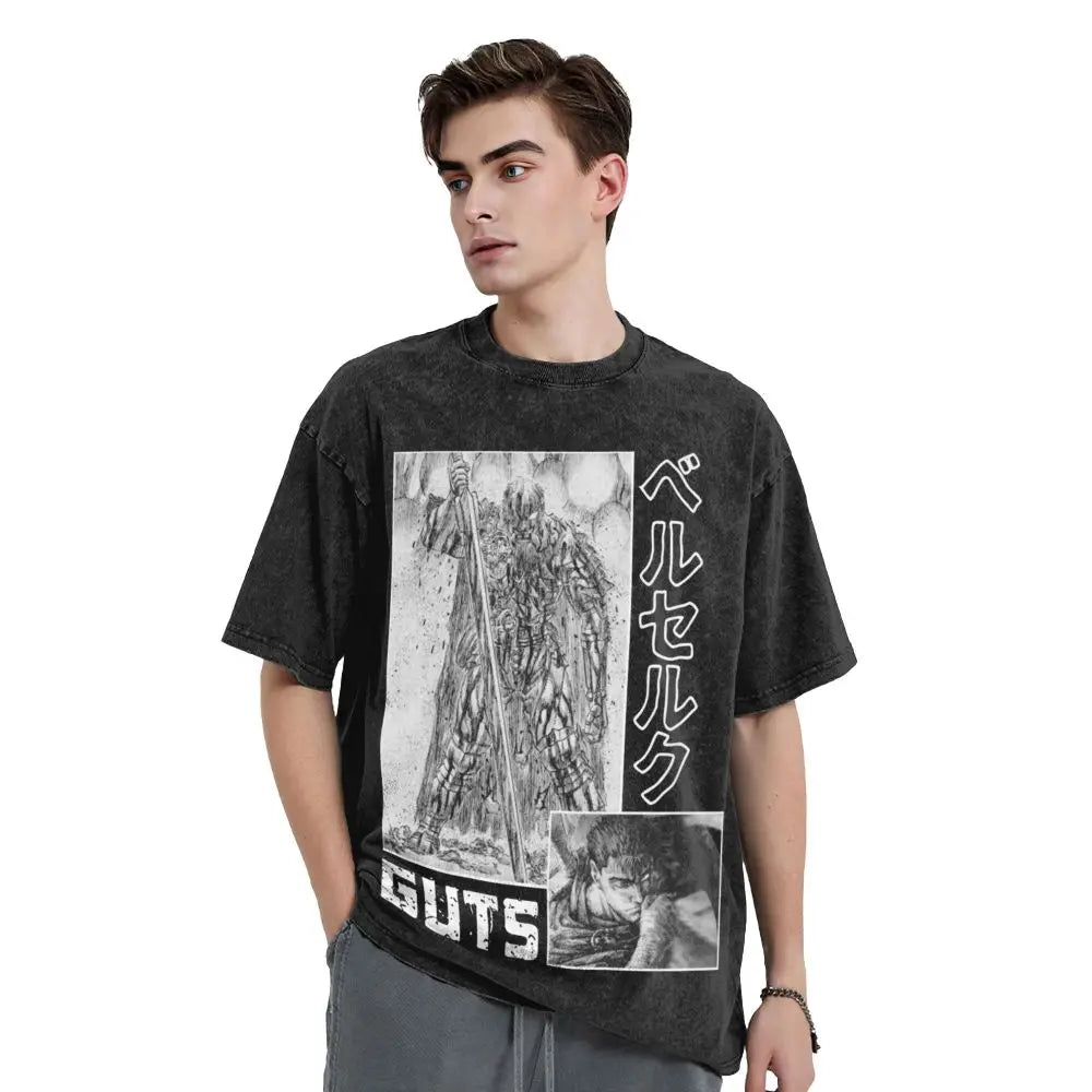 Anime Berserk Guts T-Shirt mit Vintage-Waschung – Version: Gesicht des Champs