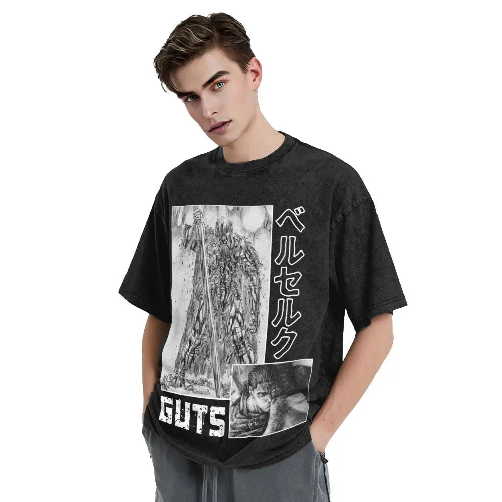 Anime Berserk Guts T-Shirt mit Vintage-Waschung – Version: Gesicht des Champs