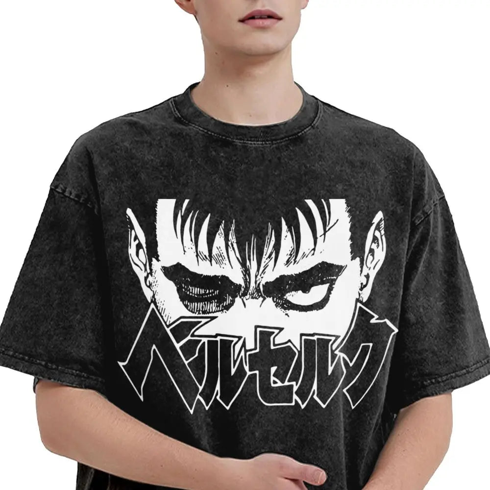 Anime Berserk Guts T-Shirt mit Vintage-Waschung – Version: Gesicht des Champs