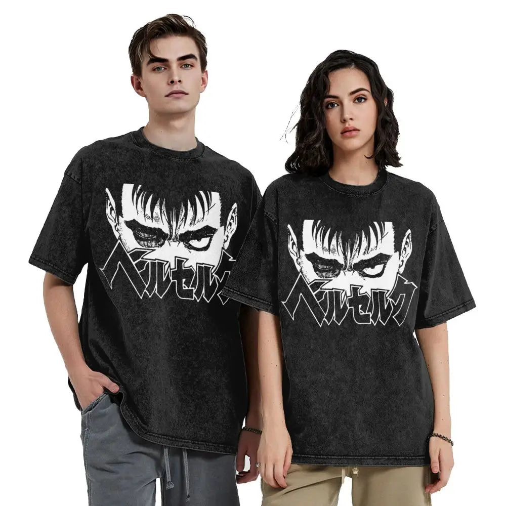Anime Berserk Guts T-Shirt mit Vintage-Waschung – Version: Gesicht des Champs