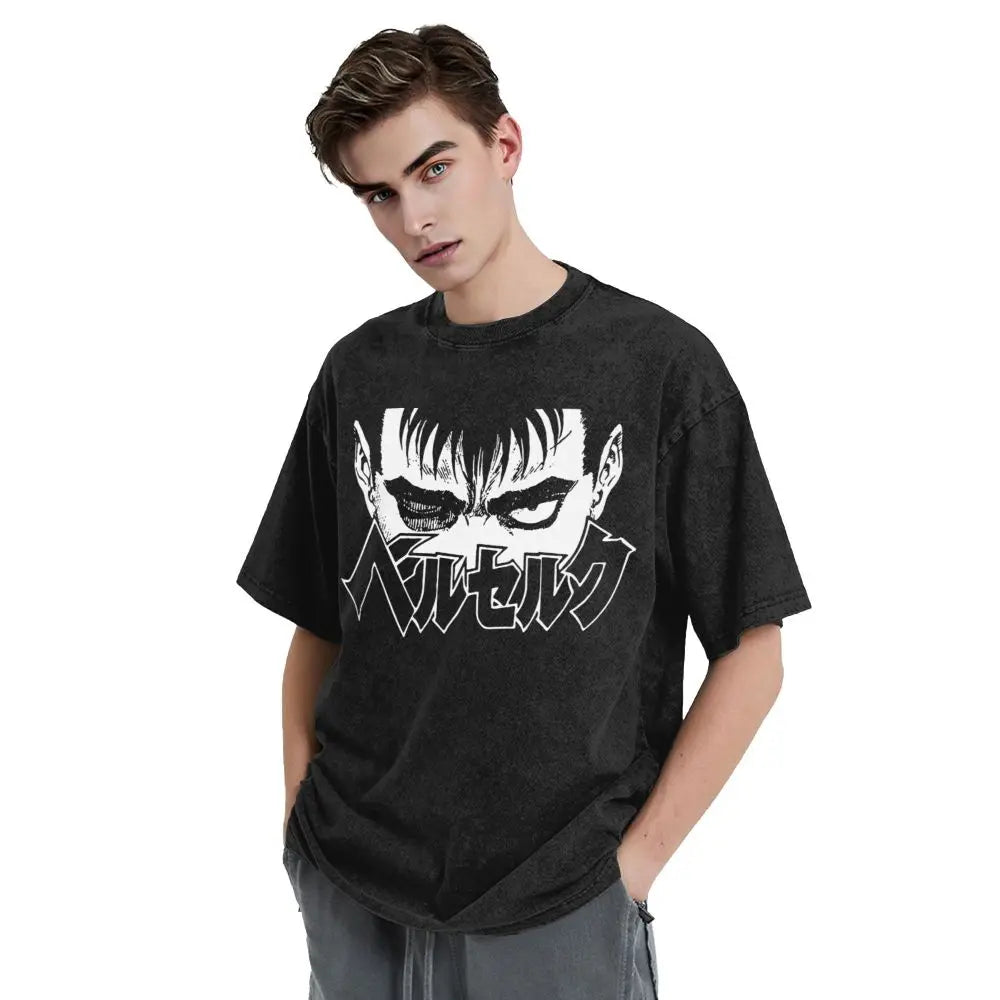 Anime Berserk Guts T-Shirt mit Vintage-Waschung – Version: Gesicht des Champs