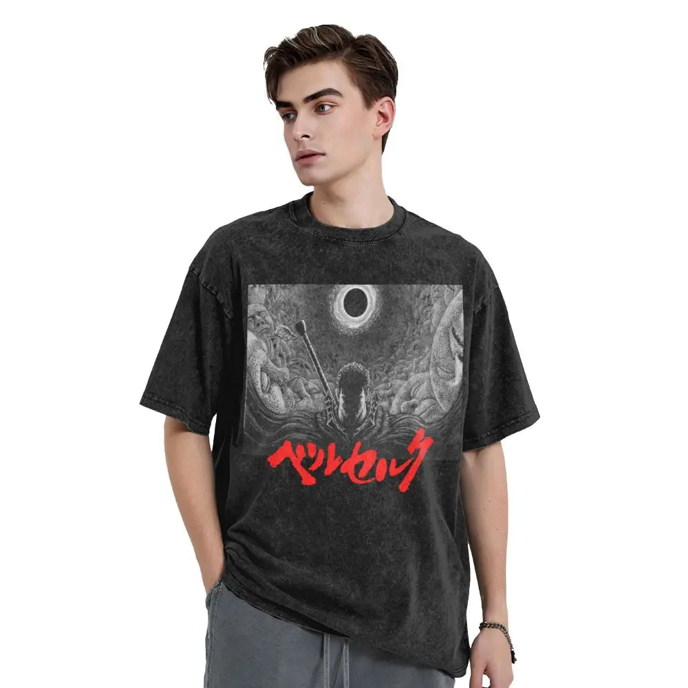 Anime Berserk Guts T-Shirt mit Vintage-Waschung – Version: Gesicht des Champs