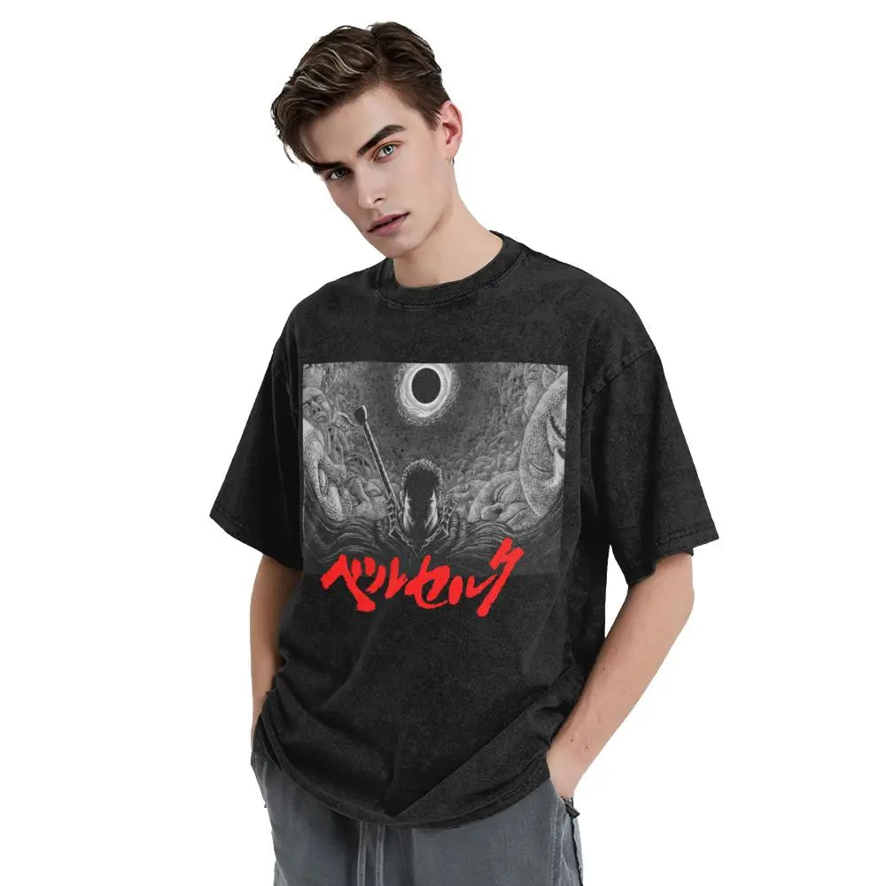 Anime Berserk Guts T-Shirt mit Vintage-Waschung – Version: Gesicht des Champs