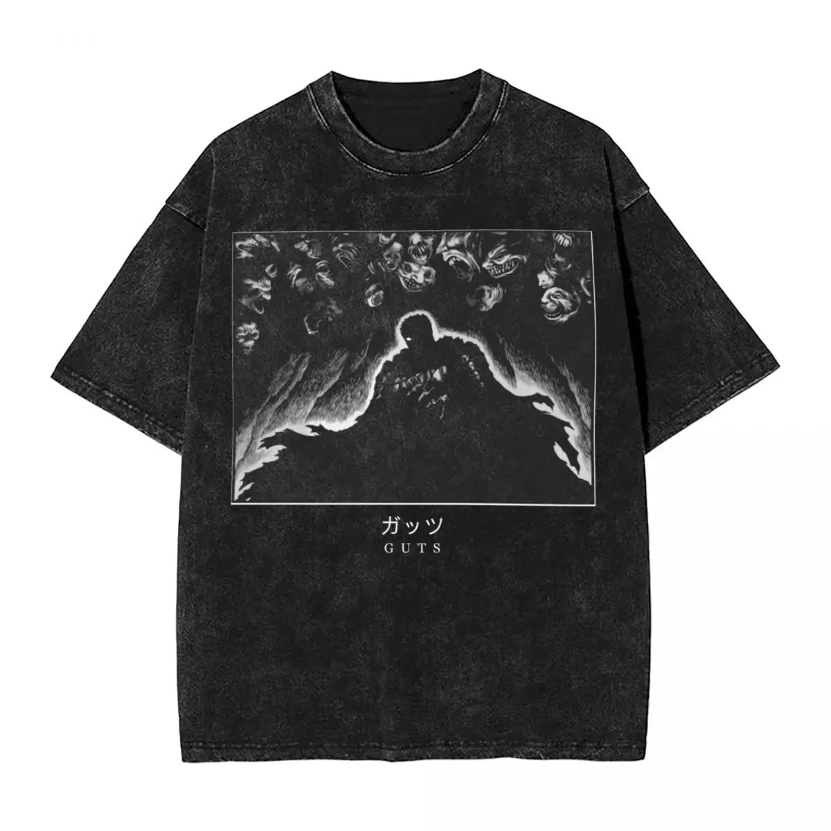 Anime Berserk Guts T-Shirt mit Vintage-Waschung – Version: Gesicht des Champs