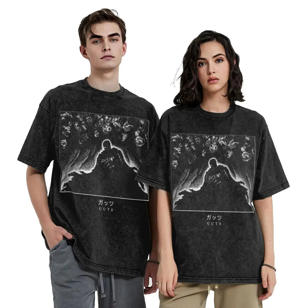 Anime Berserk Guts T-Shirt mit Vintage-Waschung – Version: Gesicht des Champs