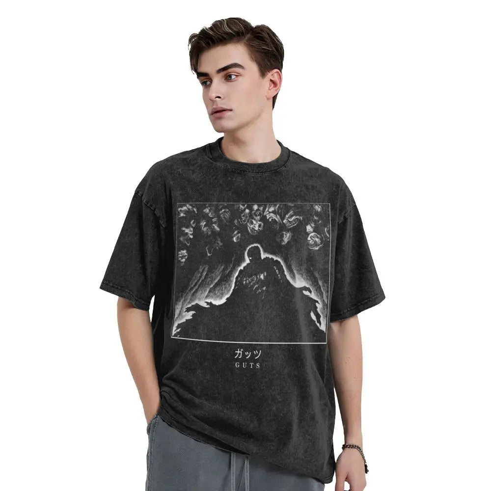 Anime Berserk Guts T-Shirt mit Vintage-Waschung – Version: Gesicht des Champs