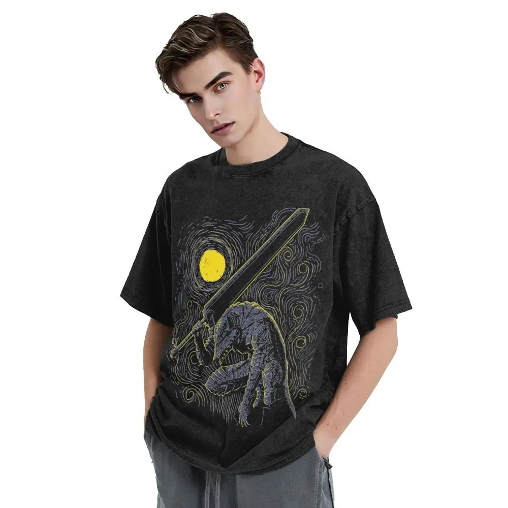 Anime Berserk Guts T-Shirt mit Vintage-Waschung – Version: Gesicht des Champs