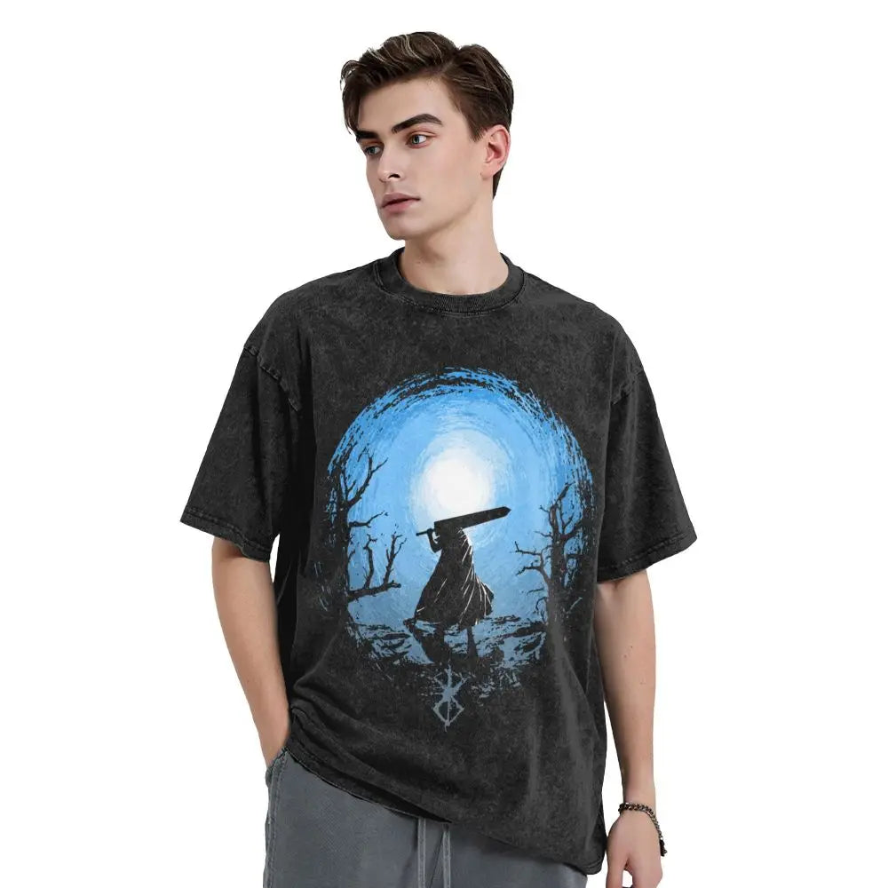 Anime Berserk Guts T-Shirt mit Vintage-Waschung – Version: Gesicht des Champs
