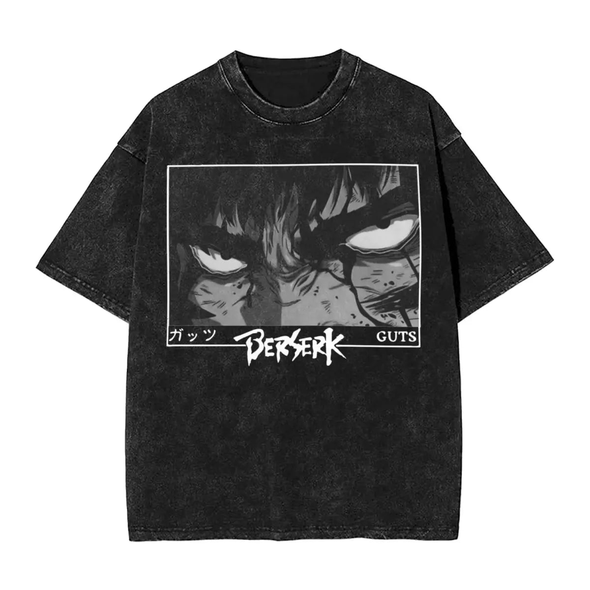Anime Berserk Guts T-Shirt mit Vintage-Waschung – Version: Gesicht des Champs