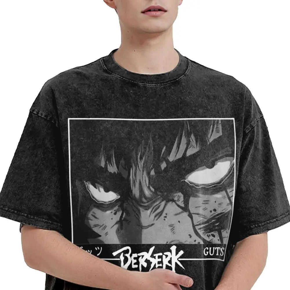 Anime Berserk Guts T-Shirt mit Vintage-Waschung – Version: Gesicht des Champs
