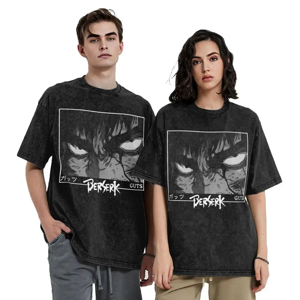 Anime Berserk Guts T-Shirt mit Vintage-Waschung – Version: Gesicht des Champs