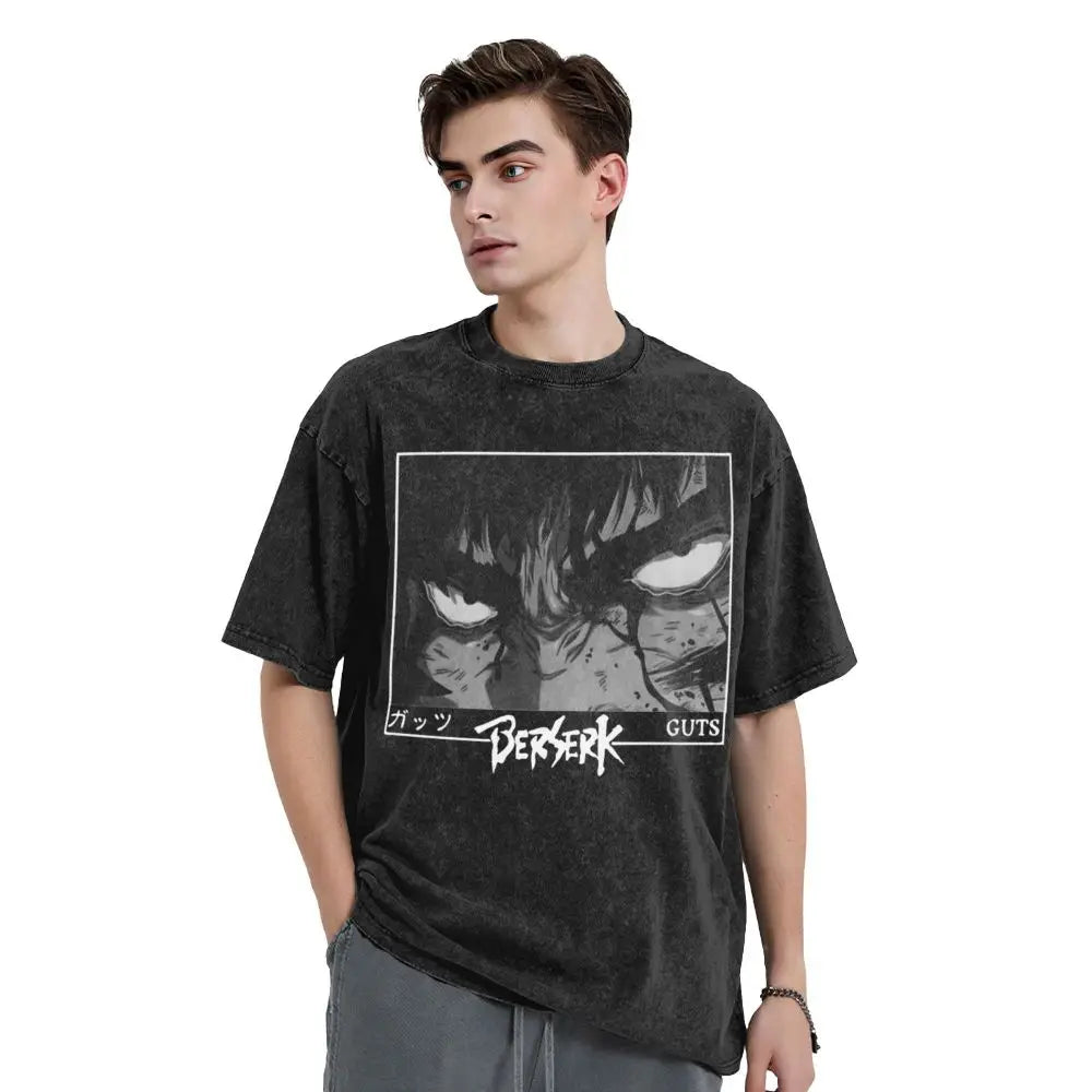 Anime Berserk Guts T-Shirt mit Vintage-Waschung – Version: Gesicht des Champs