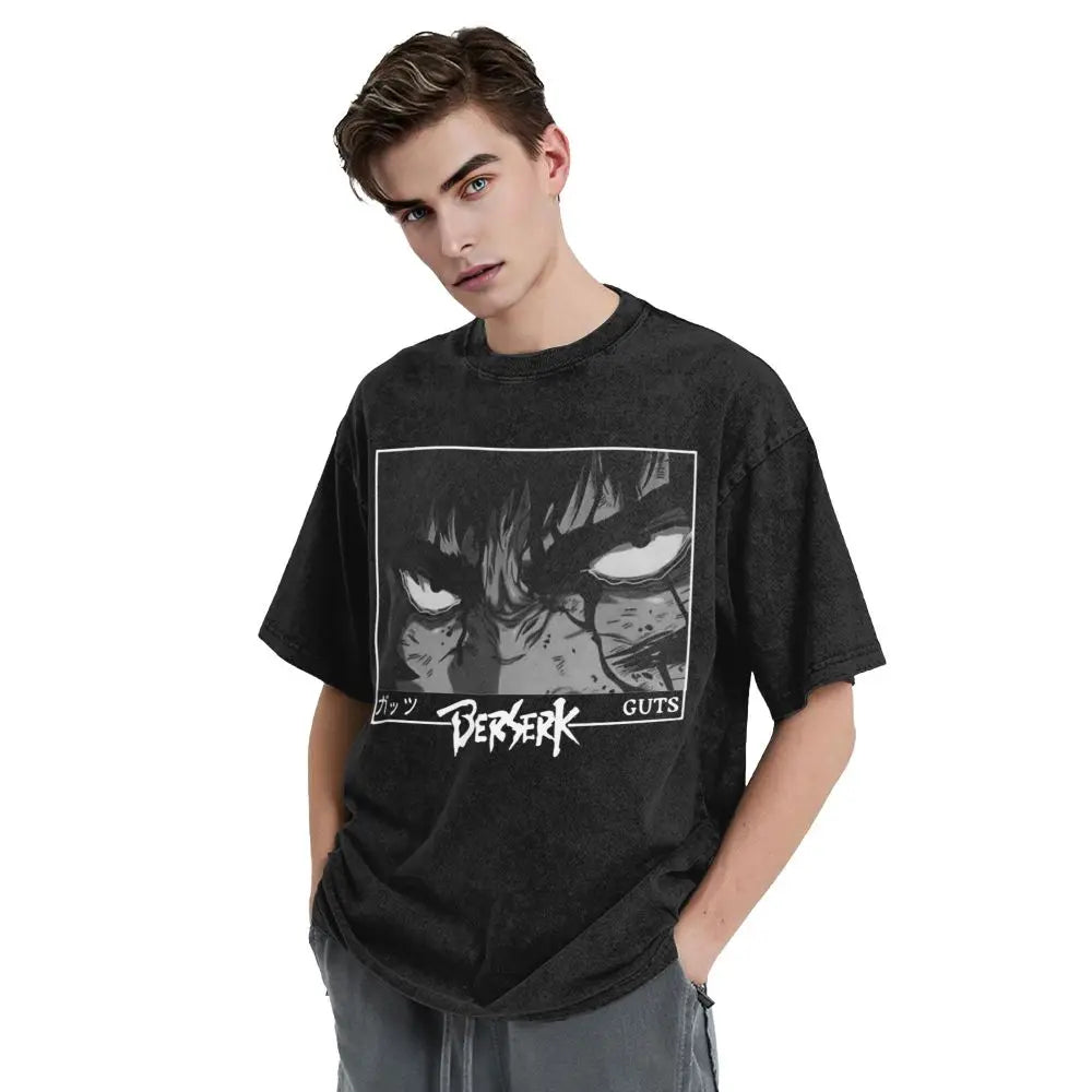 Anime Berserk Guts T-Shirt mit Vintage-Waschung – Version: Gesicht des Champs