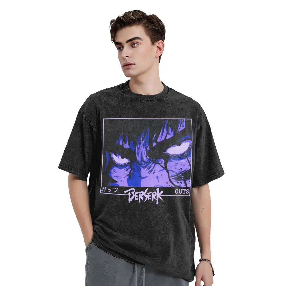 Anime Berserk Guts T-Shirt mit Vintage-Waschung – Version: Gesicht des Champs