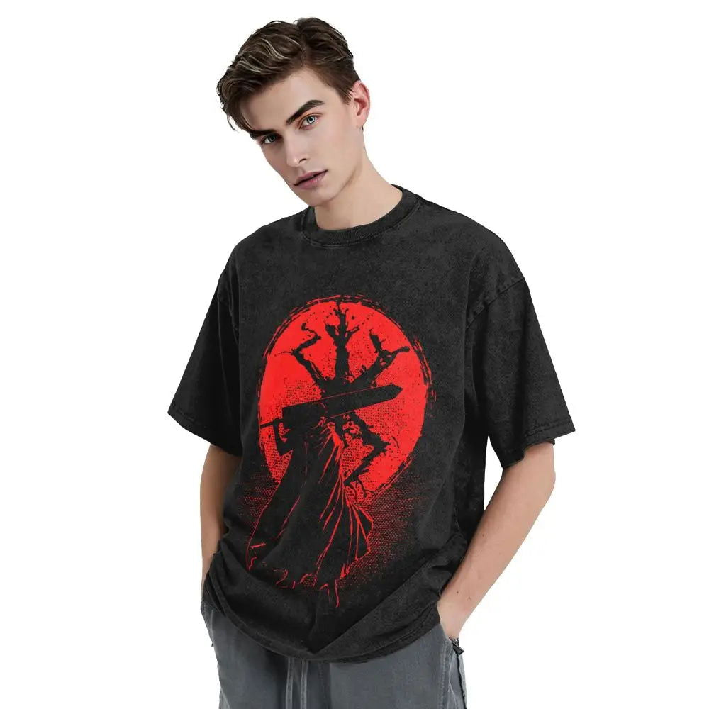 Anime Berserk Guts T-Shirt mit Vintage-Waschung – Version: Gesicht des Champs
