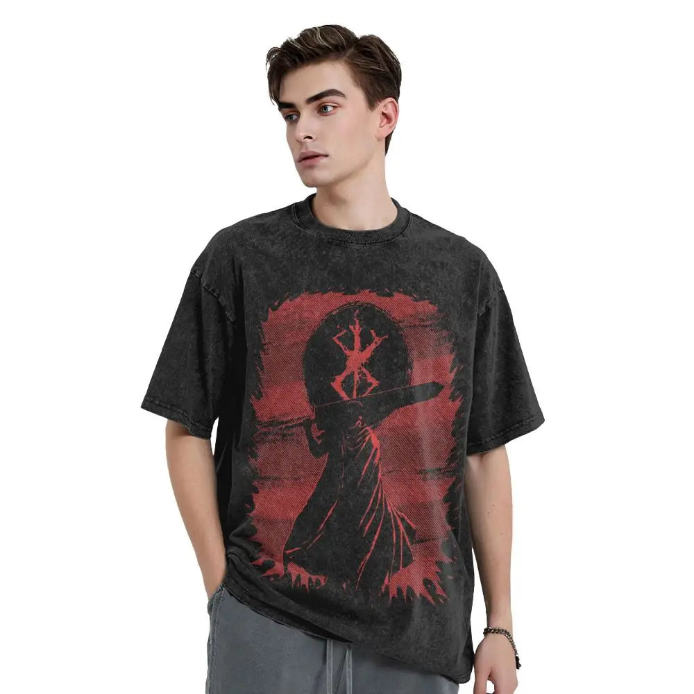 Anime Berserk Guts T-Shirt mit Vintage-Waschung – Version: Gesicht des Champs